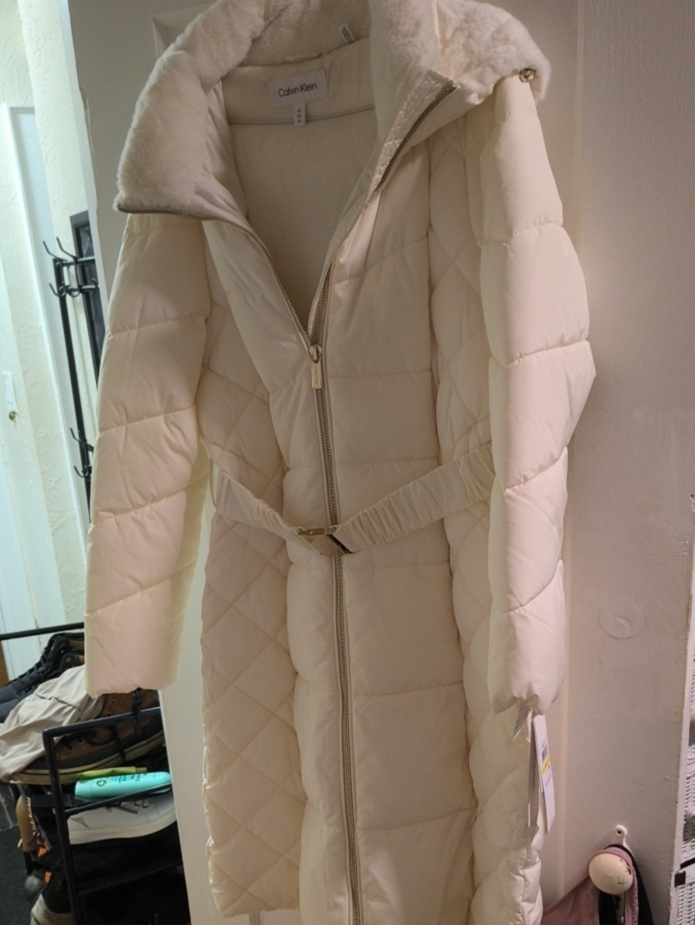 Calvin Klein Women's Cream Quilted Long Puffer with Belted Waist